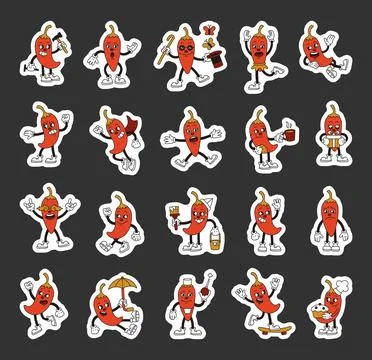 Groovy retro cartoon pepper characters Stock Illustration