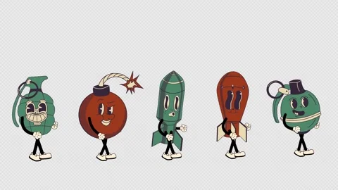 Groovy Retro Cartoon Rocket, Grenade, and Bomb Characters Stock Footage 307834650