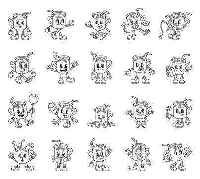 Groovy retro coffee cup characters Stockillustratie