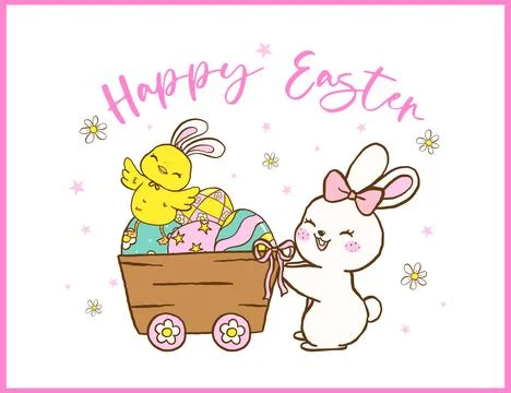 Groovy Retro Easter, Bunny and Chick with Eggs in wooden trolley, Cute Fest.. Stock Illustration