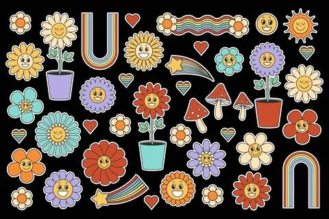 Groovy retro elements and characters sticker pack set, Cute smiling vintage Stock Illustration