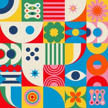 Groovy Retro Geometric Pattern with Vase and Flower Vector Stock Illustration