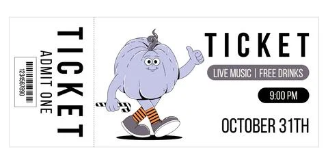 Groovy retro Happy Halloween character pumpkin. Horizontal ticket template .. Stock-Illustration