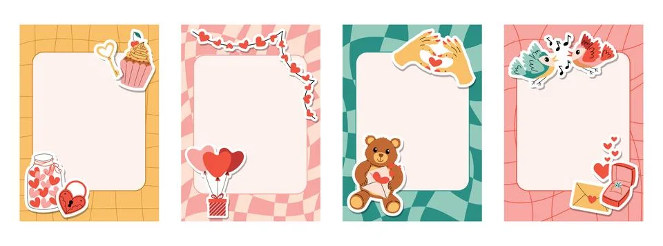 Groovy retro note sheets and cards in checkered and striped style with cute.. Stock Illustration