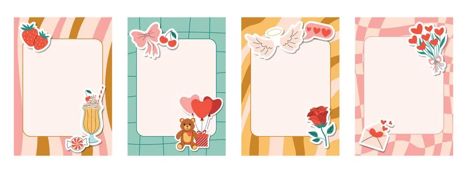 Groovy retro note sheets and cards in colorful checkered and striped style .. Stock Illustration
