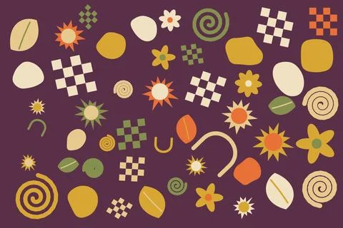Groovy retro pattern featuring checkered squares and floral icons on dark p.. Stock Illustration