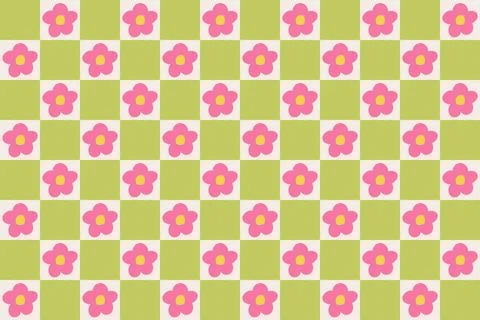 Groovy retro pattern with pink daisy flowers on beige and green checkered Stock Illustration