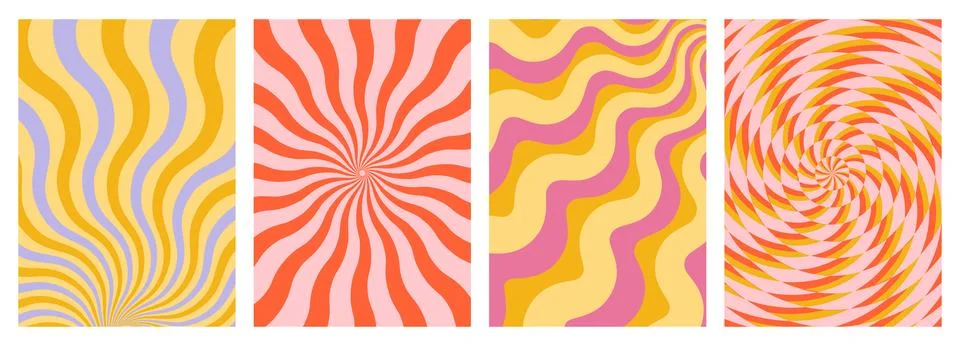 Groovy retro patterns set with psychedelic swirls Ilustração Stock