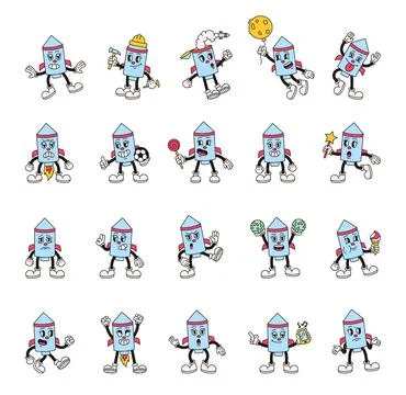 Groovy retro rocket characters Stock Illustration