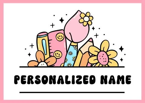 Groovy Retro School Frame Monogram Name Pencil and school supplies Cartoon .. Stock Illustration