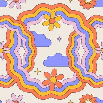 Groovy retro seamless pattern with wavy round rainbow, flowers, clouds. Contour 스톡 일러스트