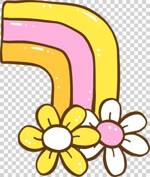 Groovy Retro Spring Flower Rainbow Doodle Hand Drawn Stock Illustration