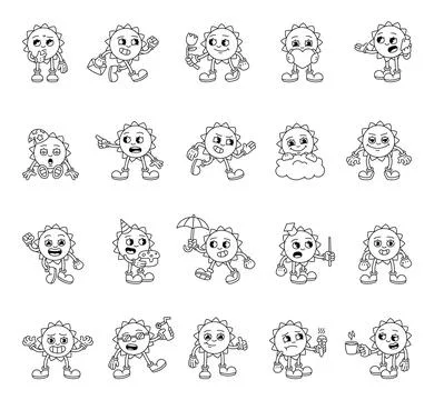 Groovy retro sun characters 스톡 일러스트