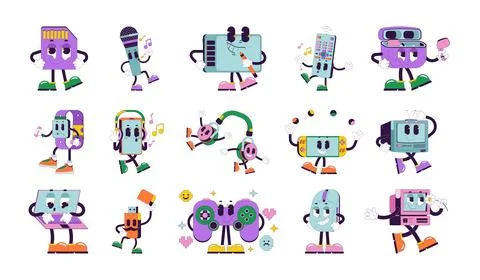 Groovy retro tech characters set Illustrazione stock