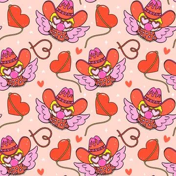 Groovy Retro Valentine Seamless Pattern Cowboy Cupid Western cartoon isolat.. Stock Illustration