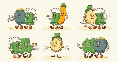 Groovy Saint Patrick Day Retro Characters Illustrations Set. Cartoon Green Ale Stock Illustration