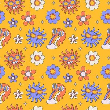 Groovy Seamless pattern of bright trippy hippie elements - sun character Stock Illustration