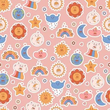 Groovy seamless pattern with cartoon weather characters. Cute sun, moon, cl.. Ilustração Stock