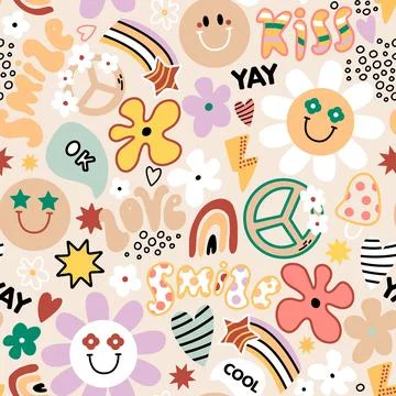 Groovy seamless pattern with flowers, rainbow, peace sign. Retro style textur Stock Illustration