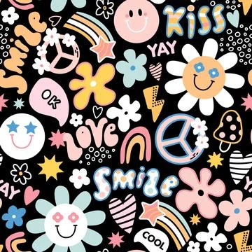 Groovy seamless pattern with flowers, rainbow, stars, daisy, peace sign. Stock Illustration