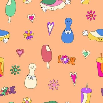 Groovy seamless pattern. Retro hippie print. Cartoon funky style. Stock Illustration
