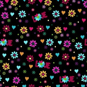 Groovy seamless pattern. Retro hippie print. Heart, flowers. Stock Illustration