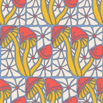Groovy seanless pattern with daisy flowers and mushrooms in stained glass style Stock Illustration