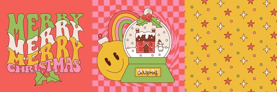 Groovy set of elements for creating Christmas posters and cards.Vibrant color 스톡 일러스트