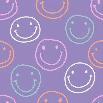 Groovy smile seamless pattern in naive trippy style on lavender background Stock Illustration
