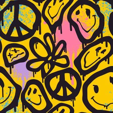 Groovy smile seamless pattern in Urban street art style with funny happy daisy Stock Illustration
