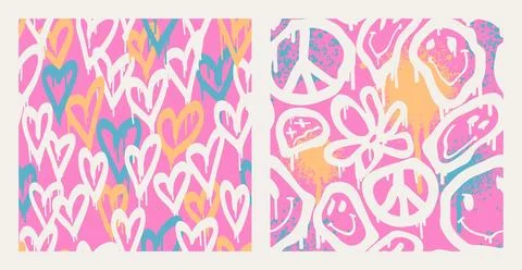 Groovy smile seamless patterns pack in Urban street art graffiti style. Graphic Stock Illustration