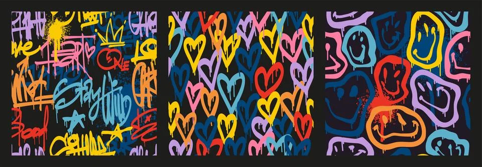 Groovy smile seamless patterns pack in Urban street art graffiti style Stock Illustration