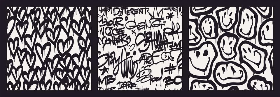 Groovy smile seamless patterns pack in Urban street art graffiti style. Black Stock Illustration