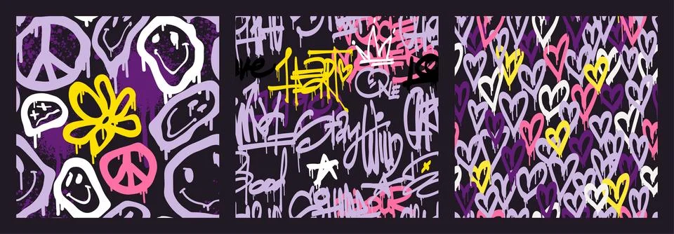 Groovy smile seamless patterns pack in Urban street art graffiti style Stock Illustration