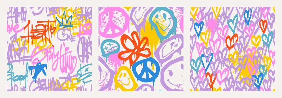 Groovy smile seamless patterns pack in Urban street art graffiti style Stock Illustration