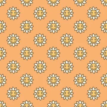 Groovy Smiling Flower Character vector simple colored seamless pattern Stock Illustration
