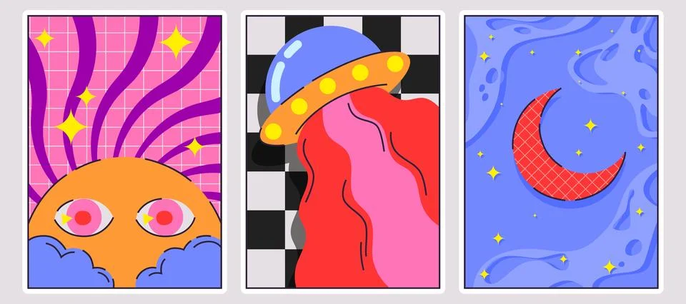 Groovy space poster set Ilustração Stock