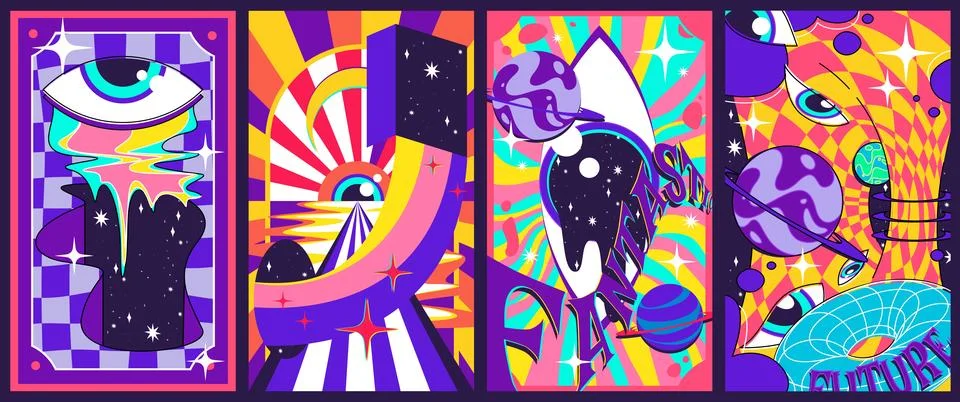 Groovy space poster set 스톡 일러스트