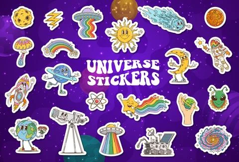 Groovy space stickers pack, psychedelic patches Stock Illustration