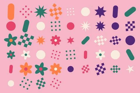 Groovy sticker pack featuring retro shapes and flowers on a pastel pink bac.. Stock Illustration