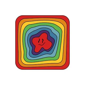 Groovy sticker of square shape with lines of psychedelic rainbow, distorted face Illustration