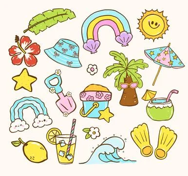 Groovy Summer Seamless Pattern Playful Summer Wear wallpaper, Cute Pastel B.. 스톡 일러스트