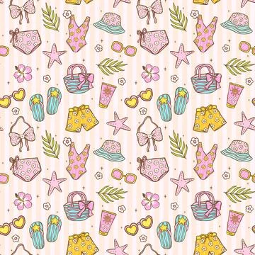 Groovy Summer Seamless Pattern Playful Summer Wear wallpaper, Cute Pastel B.. Stock Illustration