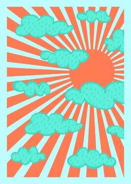 Groovy sun cloudy vertical poster Abstract retro line art Stock Illustration