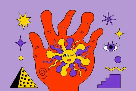 Groovy Sun Face on a Hand Stock Illustration