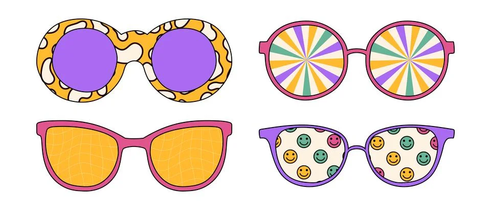 Groovy sunglasses with trippy patterns. Vector illustrations isolated on wh.. Stockillustratie
