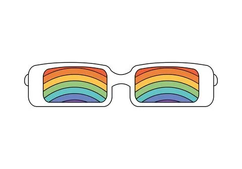 Groovy sunglasses with white frames of rectangular shape, funny colorful rainbow Stockillustratie