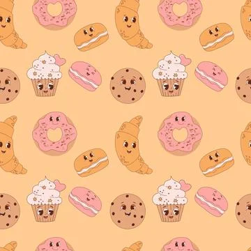 Groovy tasty retro seamless pattern. Cute cartoon pastries and desserts on Illustrazione stock