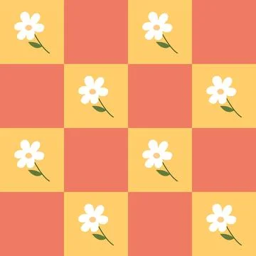 Groovy trendy checkered seamless pattern with cute flowers. Cute colorful retro Stock Illustration