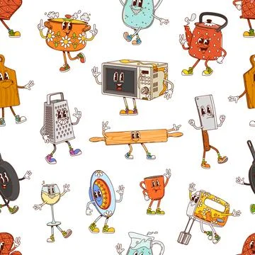 Groovy utensil characters seamless pattern イラスト素材